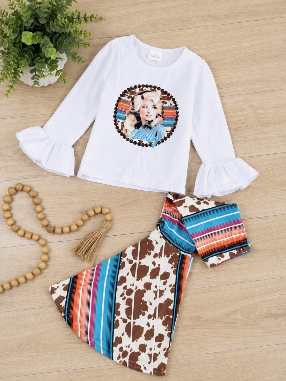 White Dolly Graphic Top with Multi-Color Skirt Set